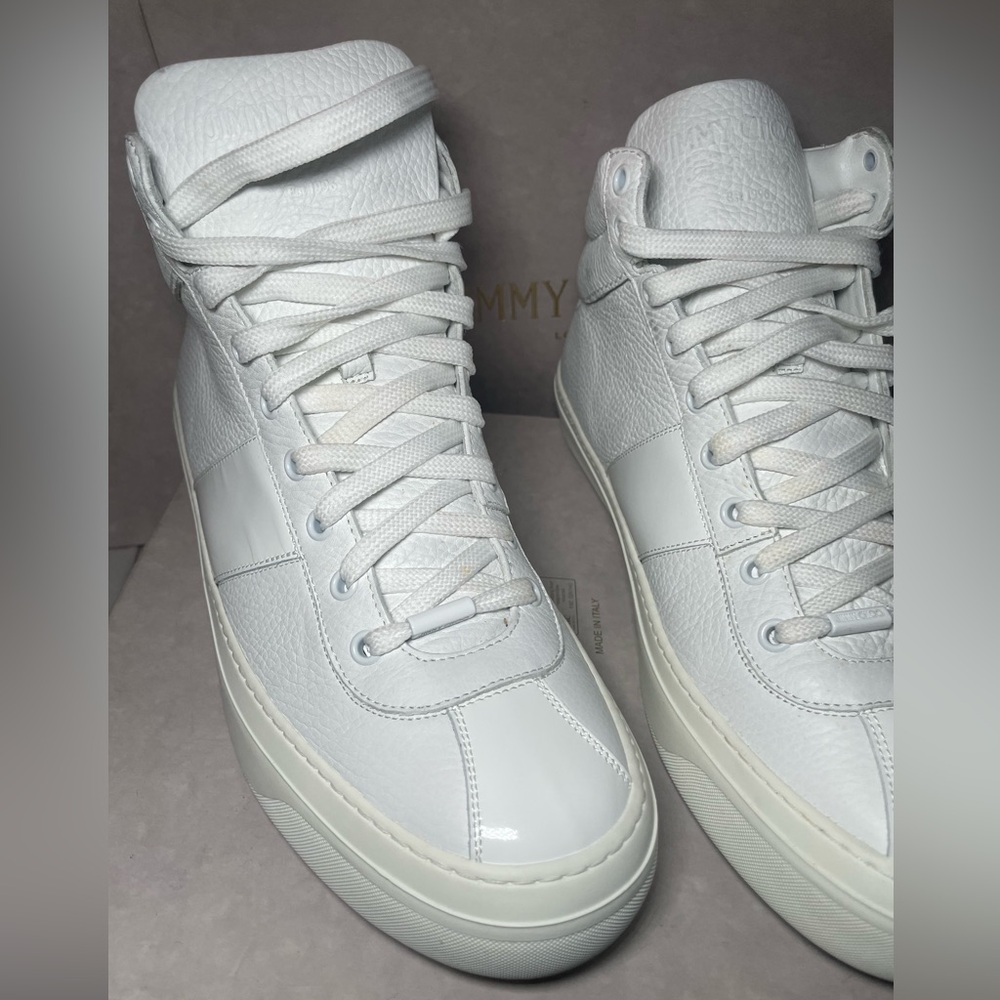 Jimmy Choo Mens High Top Sneakers Belgravia Full Grain White Leather SZ 44